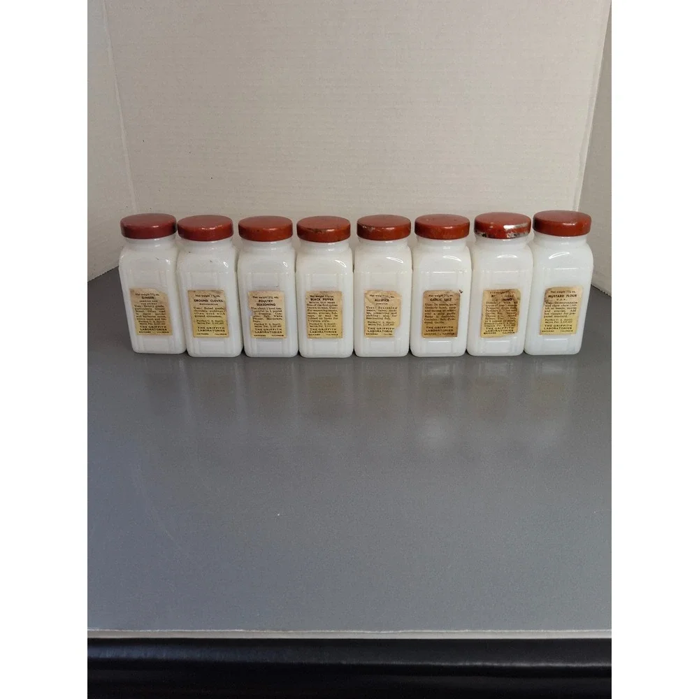 Vintage Griffiths Milk Glass Spice Jars Set of 8 Red Lids Art Deco Kitchen Decor